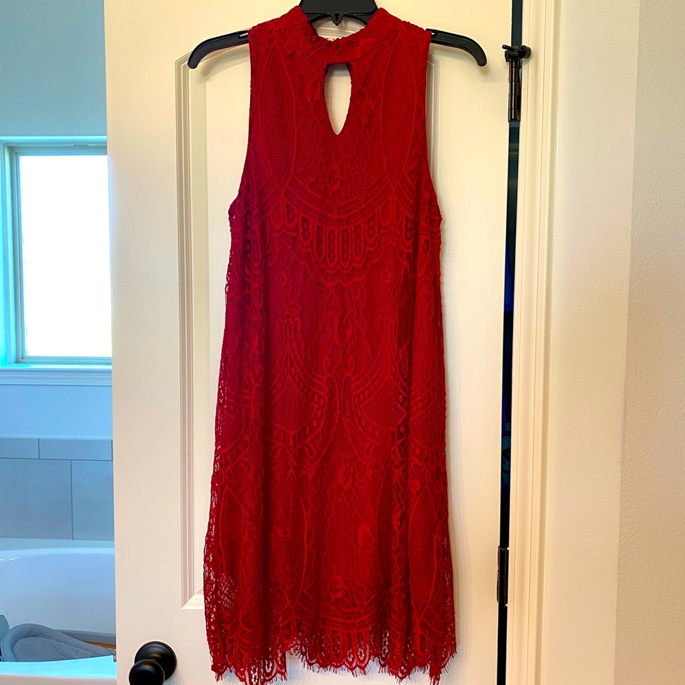 Love, FIRE Red Lace High Neck Short Dress-Medium